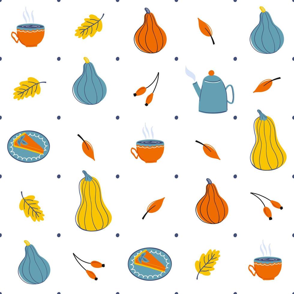 herfst naadloos patroon met pompoenen, pompoen taart, thee pot, kop en gebladerte. vector illustratie in gemakkelijk Scandinavisch stijl.