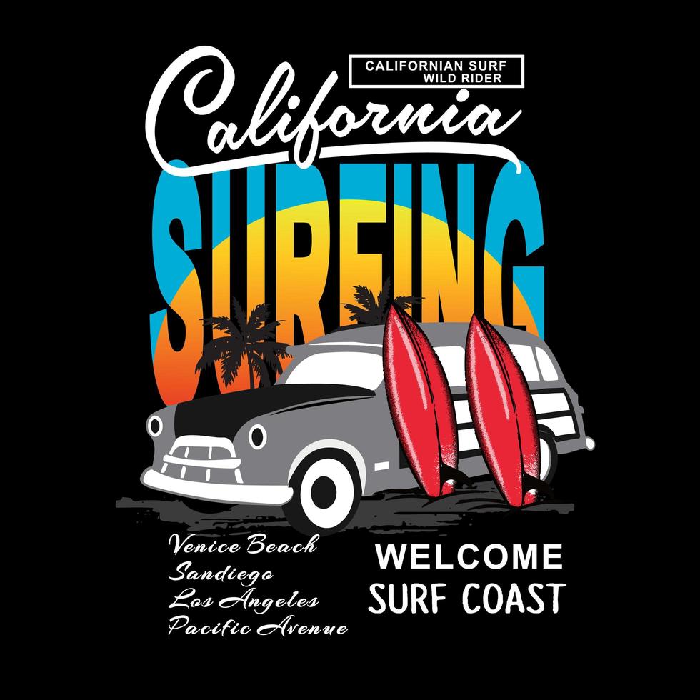 Californië afbeelding met auto en surfplanken voor shirt vector