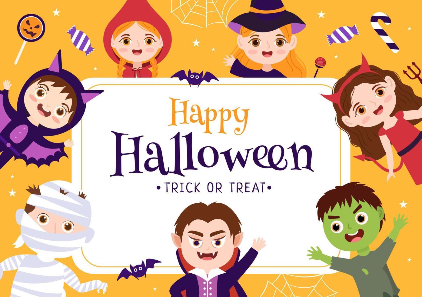 gelukkig halloween sjabloon achtergrond hand- getrokken tekenfilm vlak illustratie met kinderen vervelend divers kostuums, achtervolgd huis, pompoenen, vleermuizen en vol maan vector