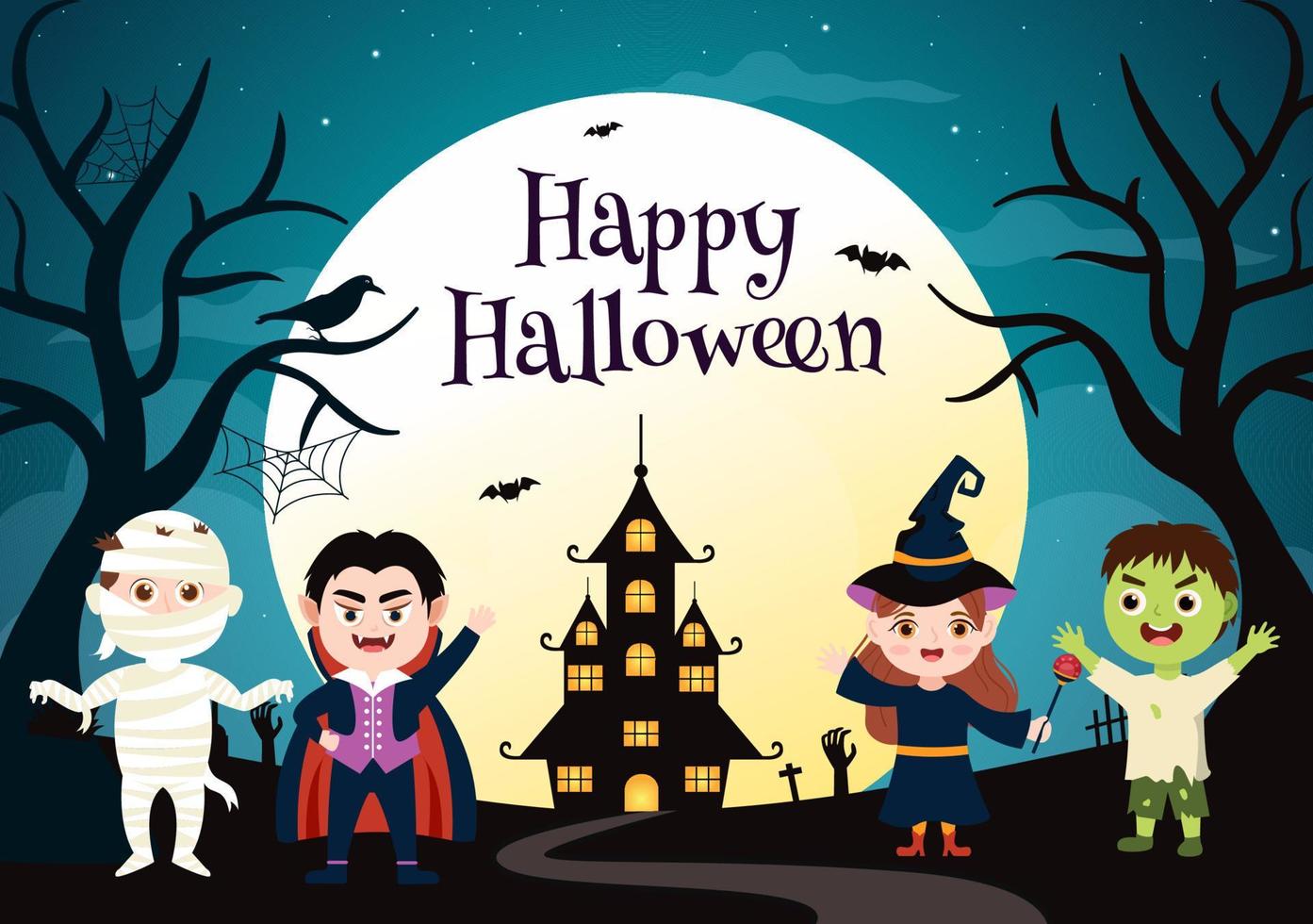 gelukkig halloween sjabloon achtergrond hand- getrokken tekenfilm vlak illustratie met kinderen vervelend divers kostuums, achtervolgd huis, pompoenen, vleermuizen en vol maan vector