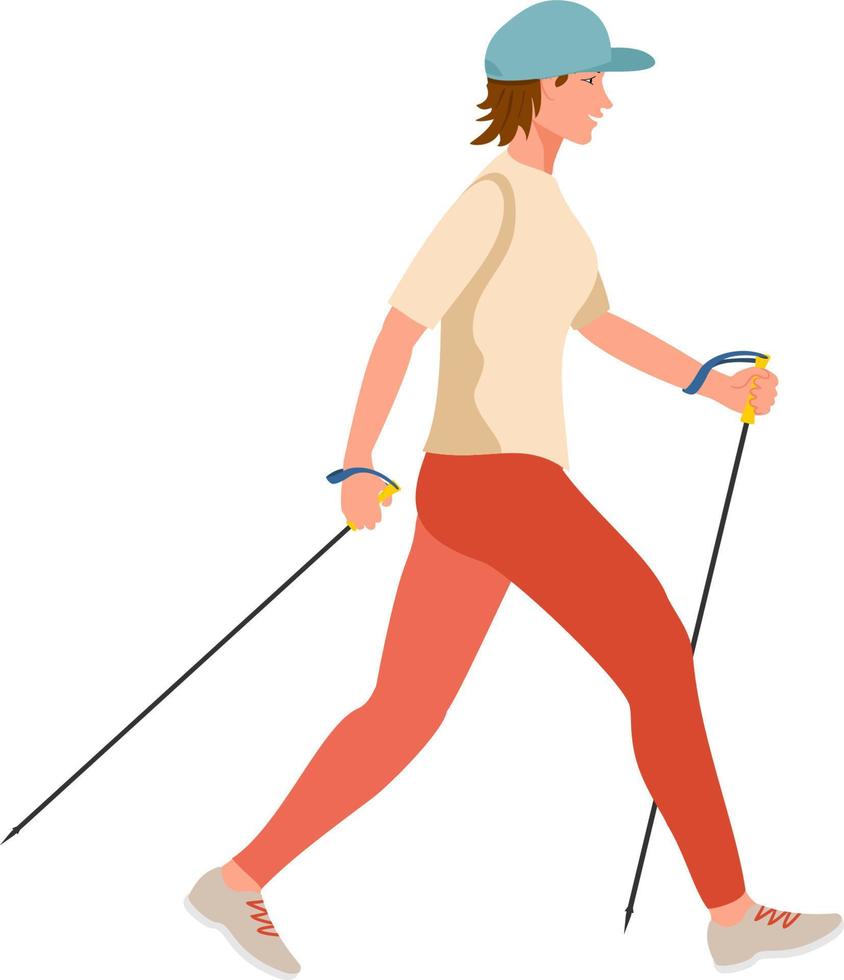 meisje aan het doen nordic wandelen buitenshuis. jong vrouw wandelen met wandelen polen oefenen nordic wandelen. gezond levensstijl illustratie in hedendaags vlak stijl vector