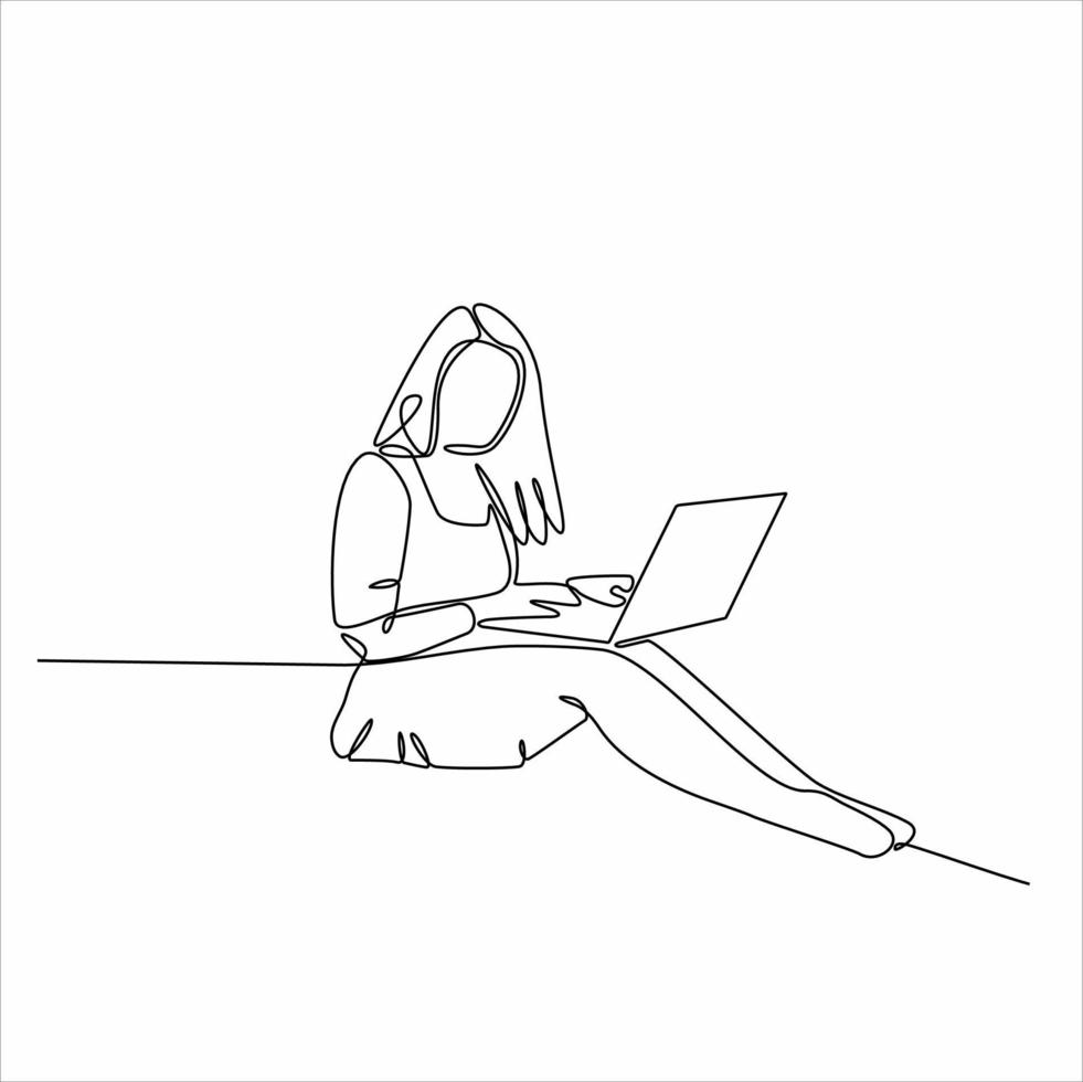 doorlopend lijn tekening vrouw zittend Holding laptop vector