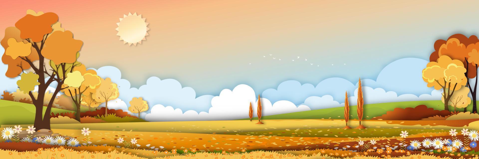 herfst landelijk landschap in avondlicht met zonsondergang, gele, oranje hemelachtergrond, vector pano cartoon herfstseizoen op platteland met bos boom en grasveld met zonsopgang, achtergrond natuurlijke banner