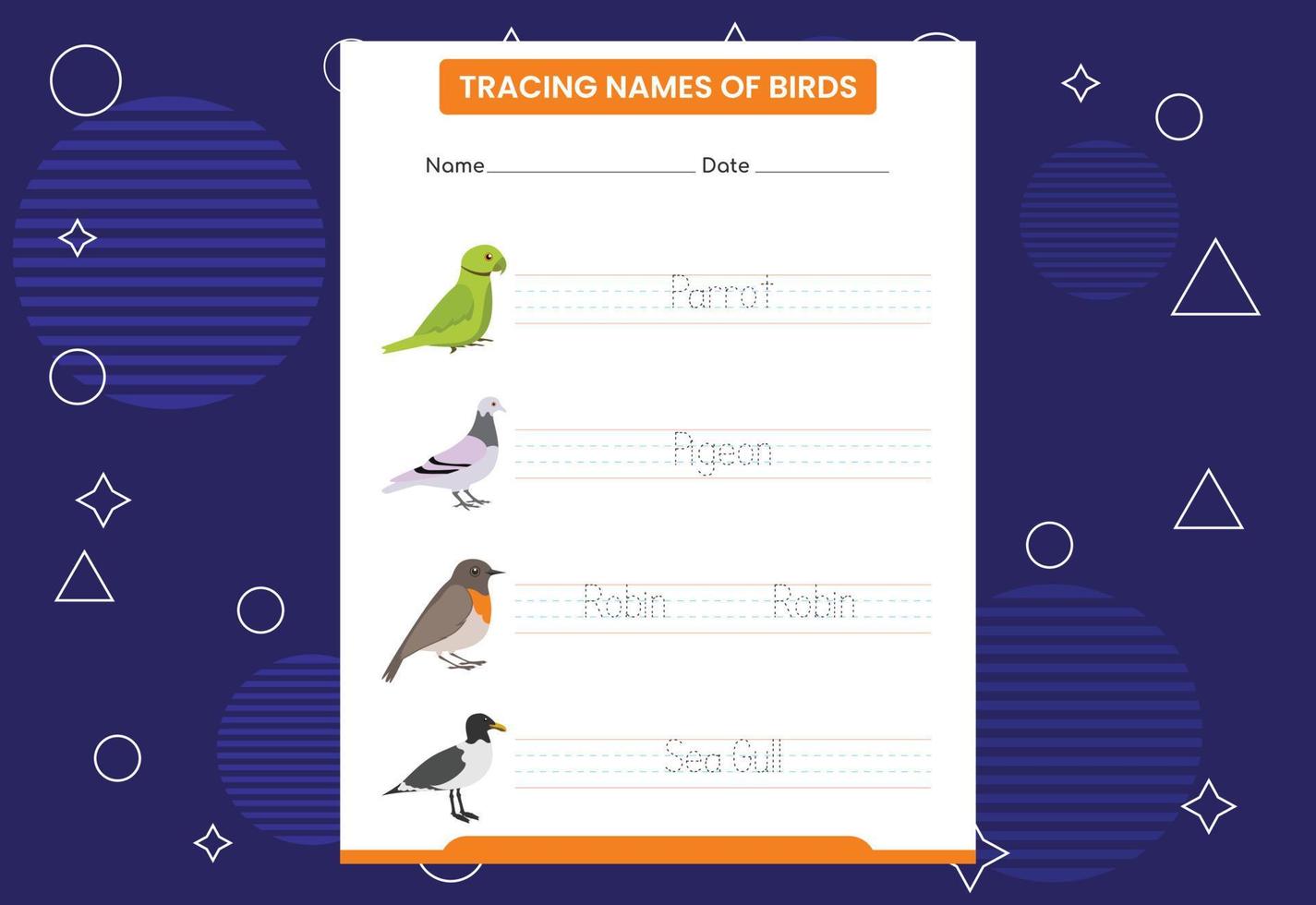 spoor de namen van vogels. handschrift praktijk voor peuter- kinderen vector