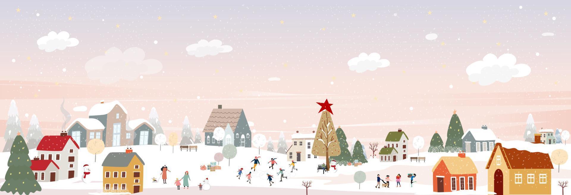 winter landschap in dorp Bij nacht in platteland achtergrond, vector horizontaal banier winter wonderland met huis Aan heuvels en Woud pijnboom boom, achtergrond voor vieren Kerstmis en nieuw jaar 2023