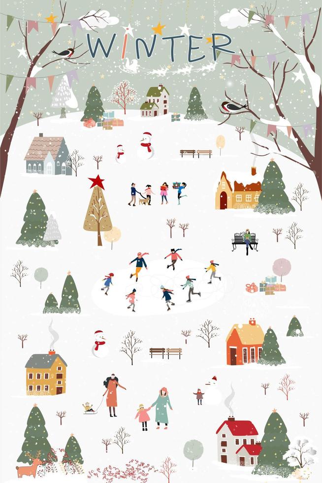 winter wonderland landschap achtergrond Bij nacht met mensen viering en kinderen hebben pret Bij park in dorp.vector illustratie schattig tekenfilm voor groet kaart of banier voor Kerstmis of nieuw jaar vector