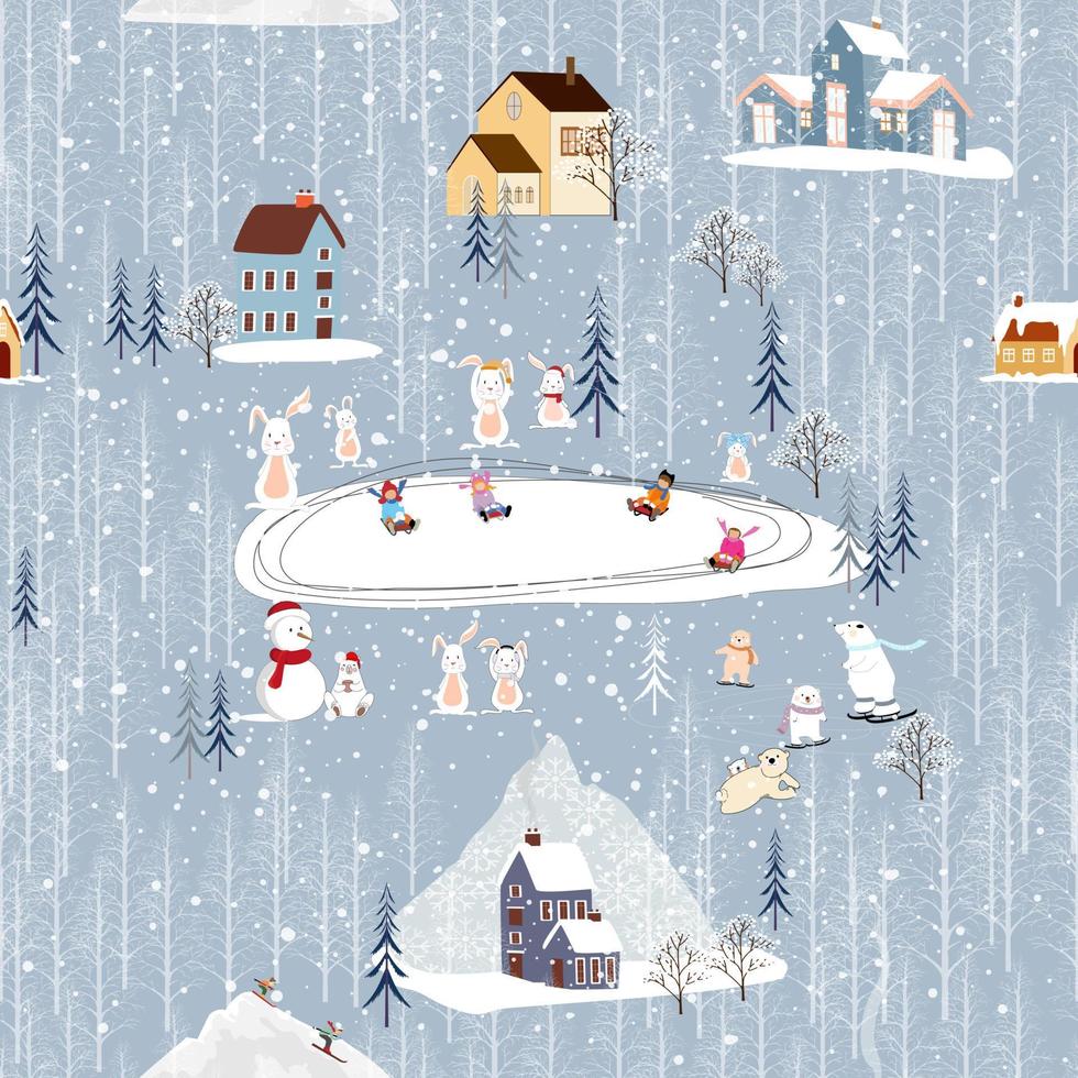 naadloos patroon winter, Kerstmis landschap in de stad- met pijnboom boom, fee verhaal huis, kinderen, polar beer spelen ijs schaatsen, vector schattig tekenfilm ontwerp dorp Aan Kerstmis vooravond, nieuw jaar 2023 achtergrond