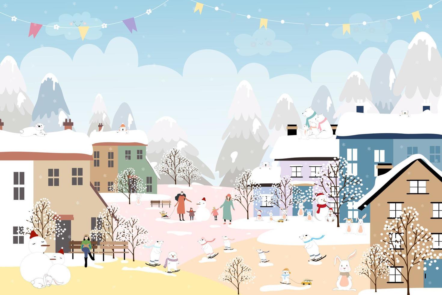 winter landschap met gelukkig mensen, polair beer en konijn spelen ijs vleet in stad park, vector banier winter wonderland konijn, beer vieren in bos, vrolijk Kerstmis en nieuw jaar 2023 achtergrond