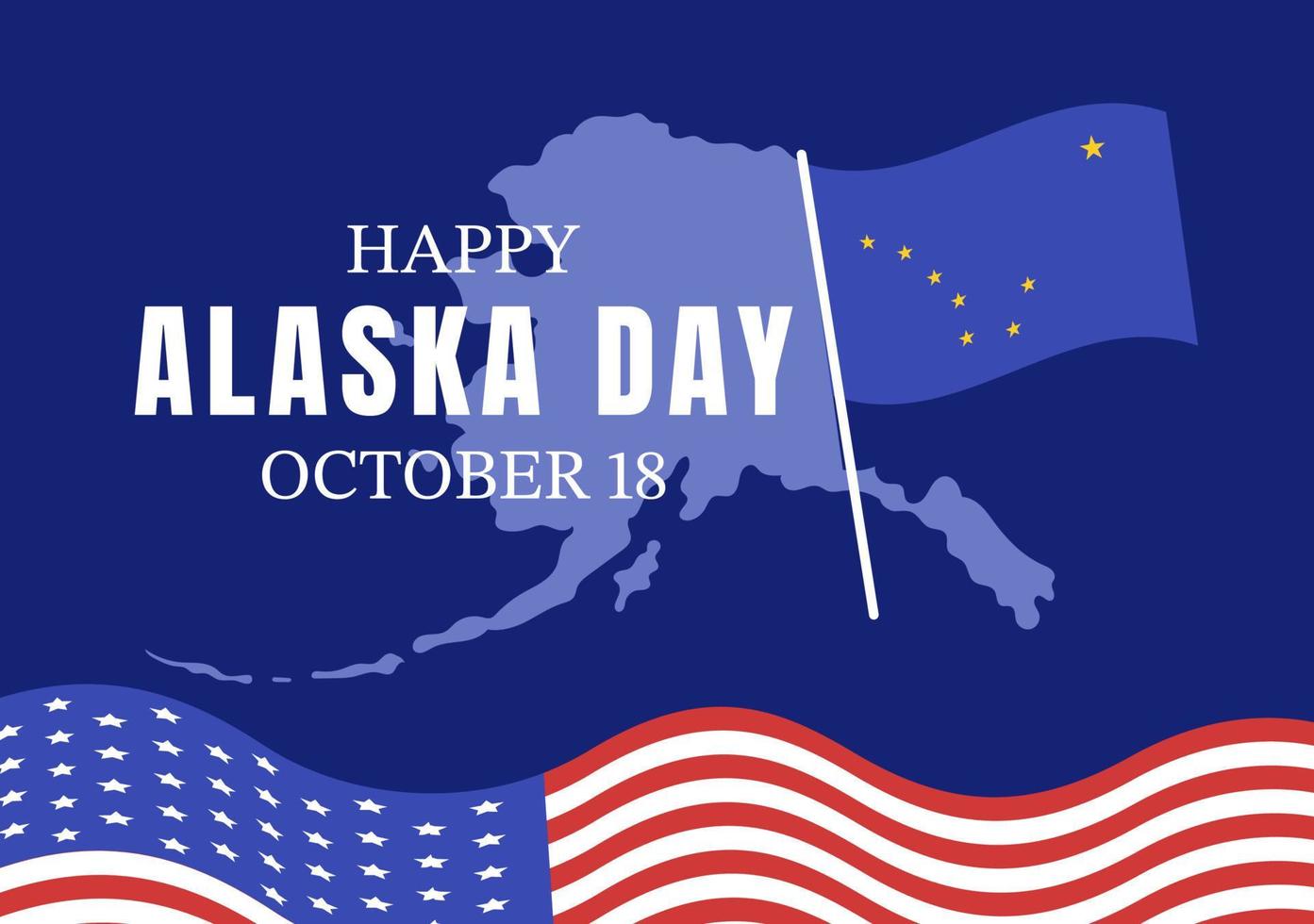 gelukkig Alaska dag Aan oktober 18 hand- getrokken tekenfilm vlak illustratie met vlag golvend in winter landschap in sjabloon voor banier of poster vector