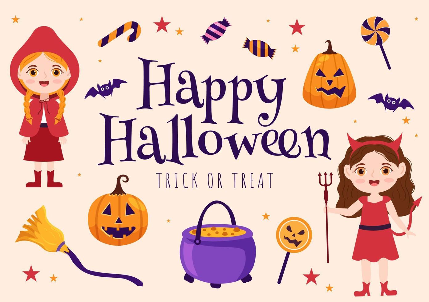 gelukkig halloween sjabloon achtergrond hand- getrokken tekenfilm vlak illustratie met kinderen vervelend divers kostuums, achtervolgd huis, pompoenen, vleermuizen en vol maan vector