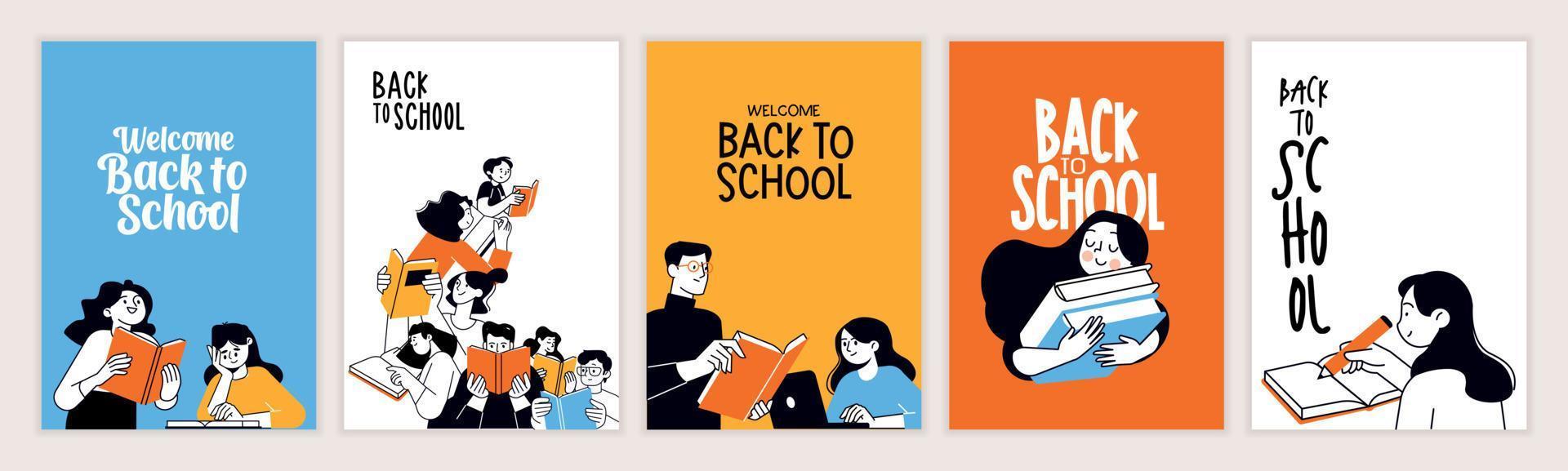 reeks van terug naar school- affiches. vector illustratie concepten voor grafisch en web ontwerp, bedrijf presentatie, afzet en afdrukken materiaal. Internationale onderwijs dag, wereld boek dag, leraren dag.