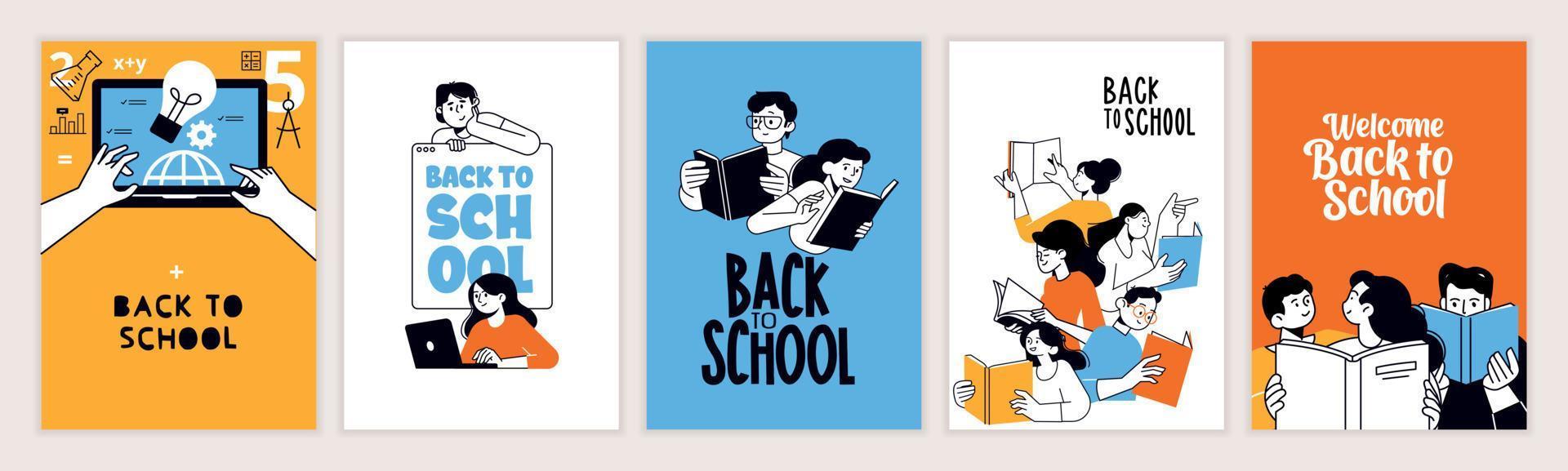 reeks van terug naar school- affiches. vector illustratie concepten voor grafisch en web ontwerp, bedrijf presentatie, afzet en afdrukken materiaal. Internationale onderwijs dag, wereld boek dag, leraren dag.