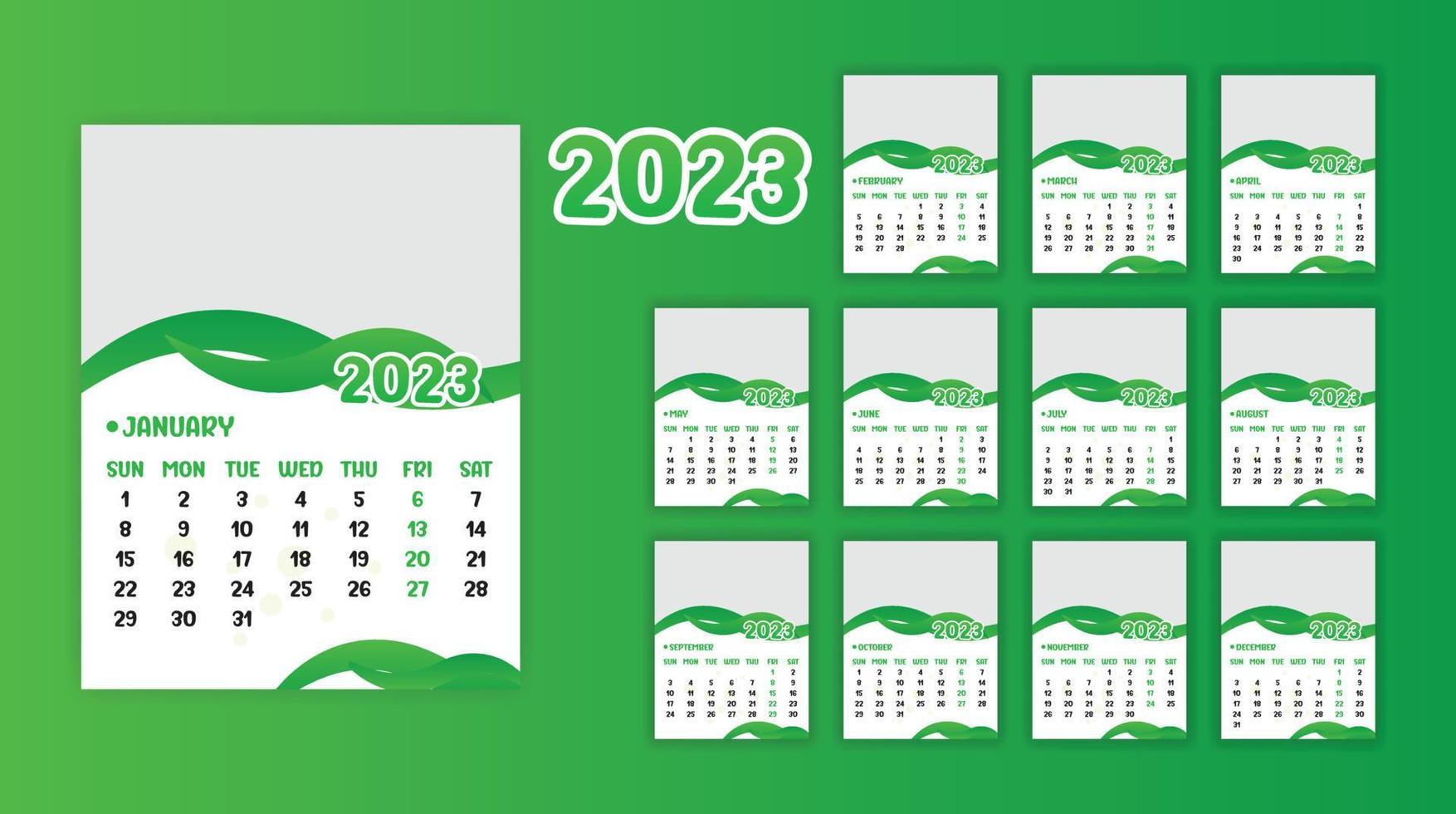 jaarlijks kalender 2023 afdrukken klaar eps vector sjabloon, 12 maanden kalender.