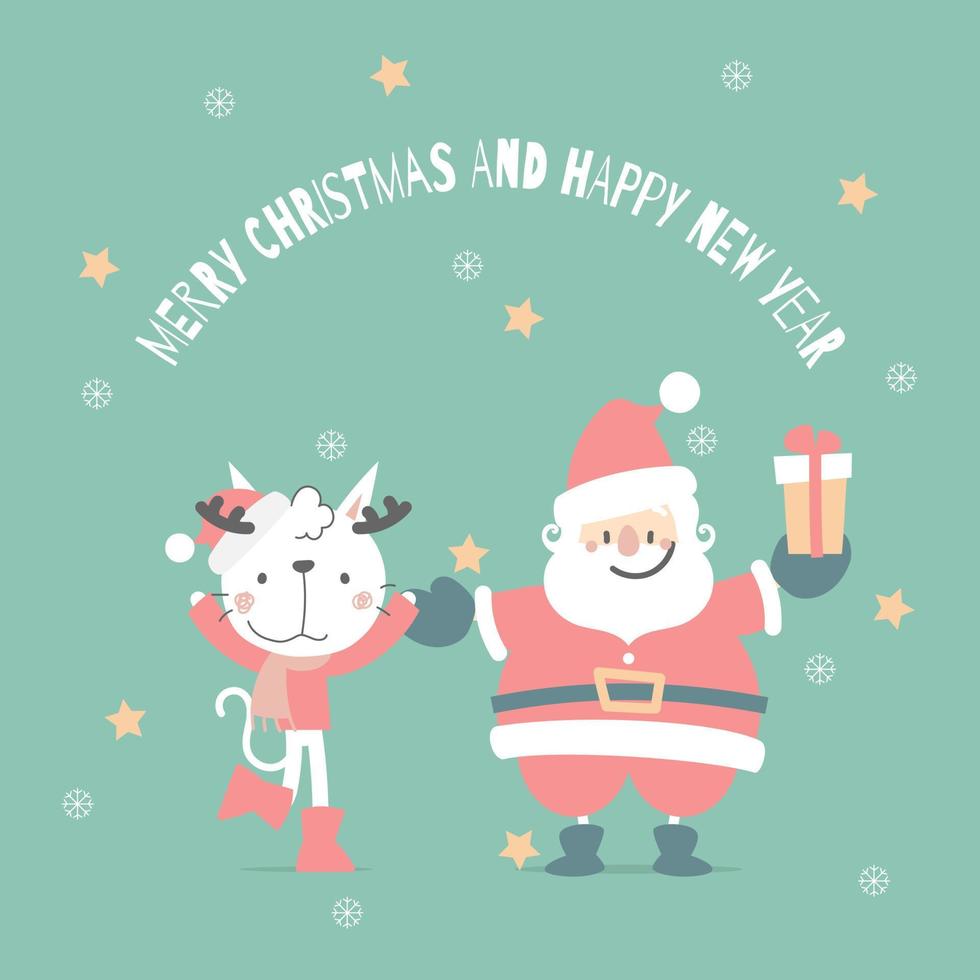 vrolijk Kerstmis en gelukkig nieuw jaar met schattig de kerstman claus en wit kat in de winter seizoen groen achtergrond, vlak vector illustratie tekenfilm karakter kostuum ontwerp