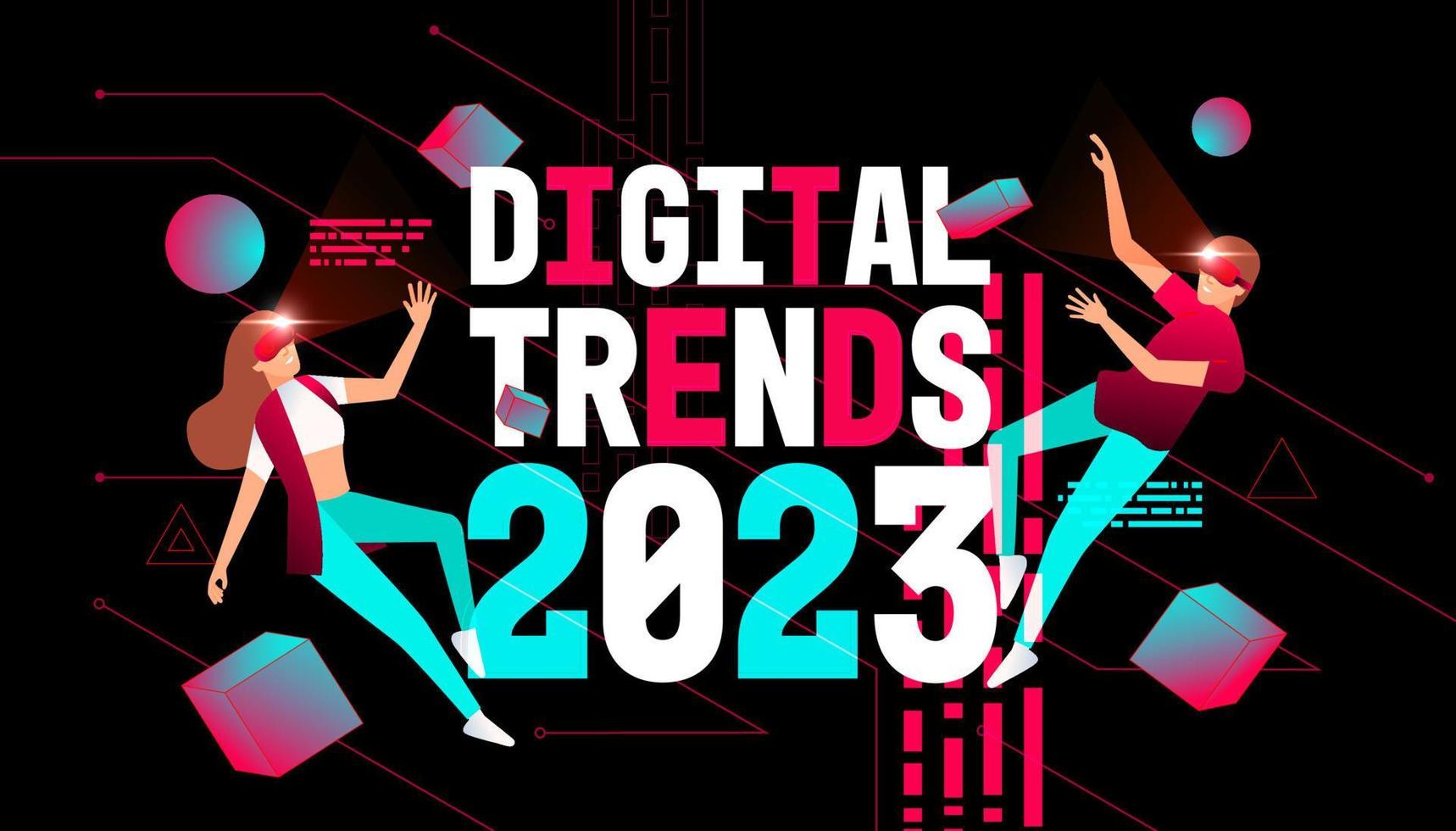 digitaal trends 2023 met metaverse of virtueel realiteit technologie concept. Mens en vrouw in digitaal bril. vector