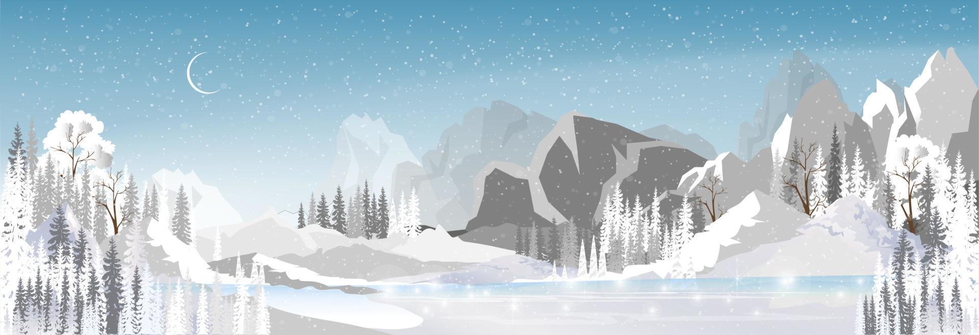 winter wonderland landschap door de meer met Woud pijnboom boom, magisch nacht winter met halve maan maan en sneeuw vallend van blauw hemel, vector horizon mooi natuurlijk voor Kerstmis vakantie achtergrond