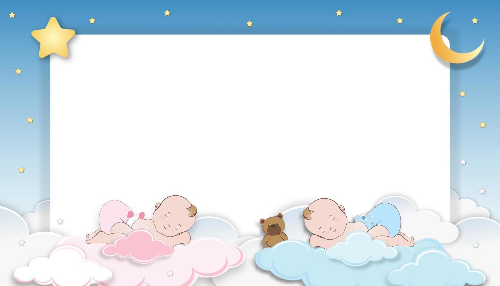 baby douche kaart, schattig weinig tweeling jongen, meisje slapen Aan pluizig wolk met halve maan maan en ster Aan blauw lucht achtergrond, vector papier besnoeiing cloudscape backdrop met kopiëren ruimte voor pasgeboren baby's foto