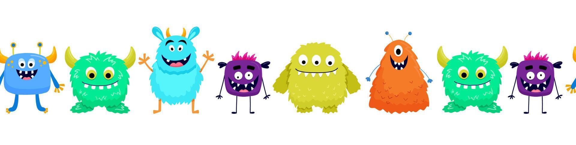 naadloos grens met schattig kleurrijk monsters. grappig koel tekenfilm pluizig monster, buitenaardse wezens of fantasie dieren voor kinderachtig kaarten en boeken. vector eindeloos grens Aan wit achtergrond.