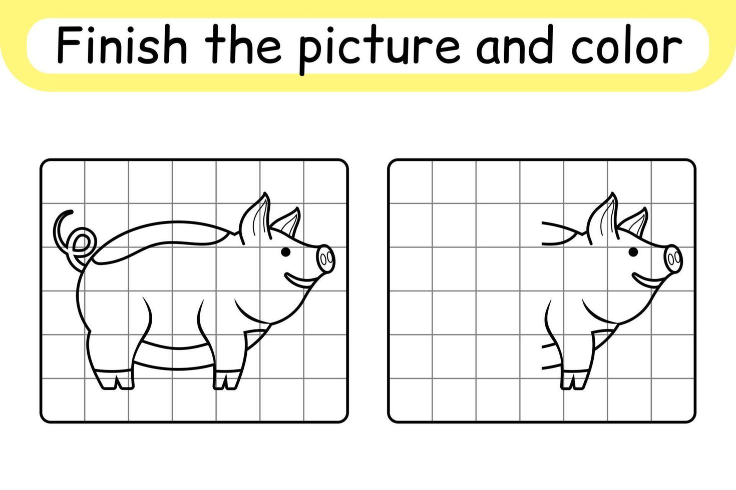 maak het plaatje varken compleet. kopieer de afbeelding en kleur. maak het beeld af. kleurboek. educatief tekenoefenspel voor kinderen vector