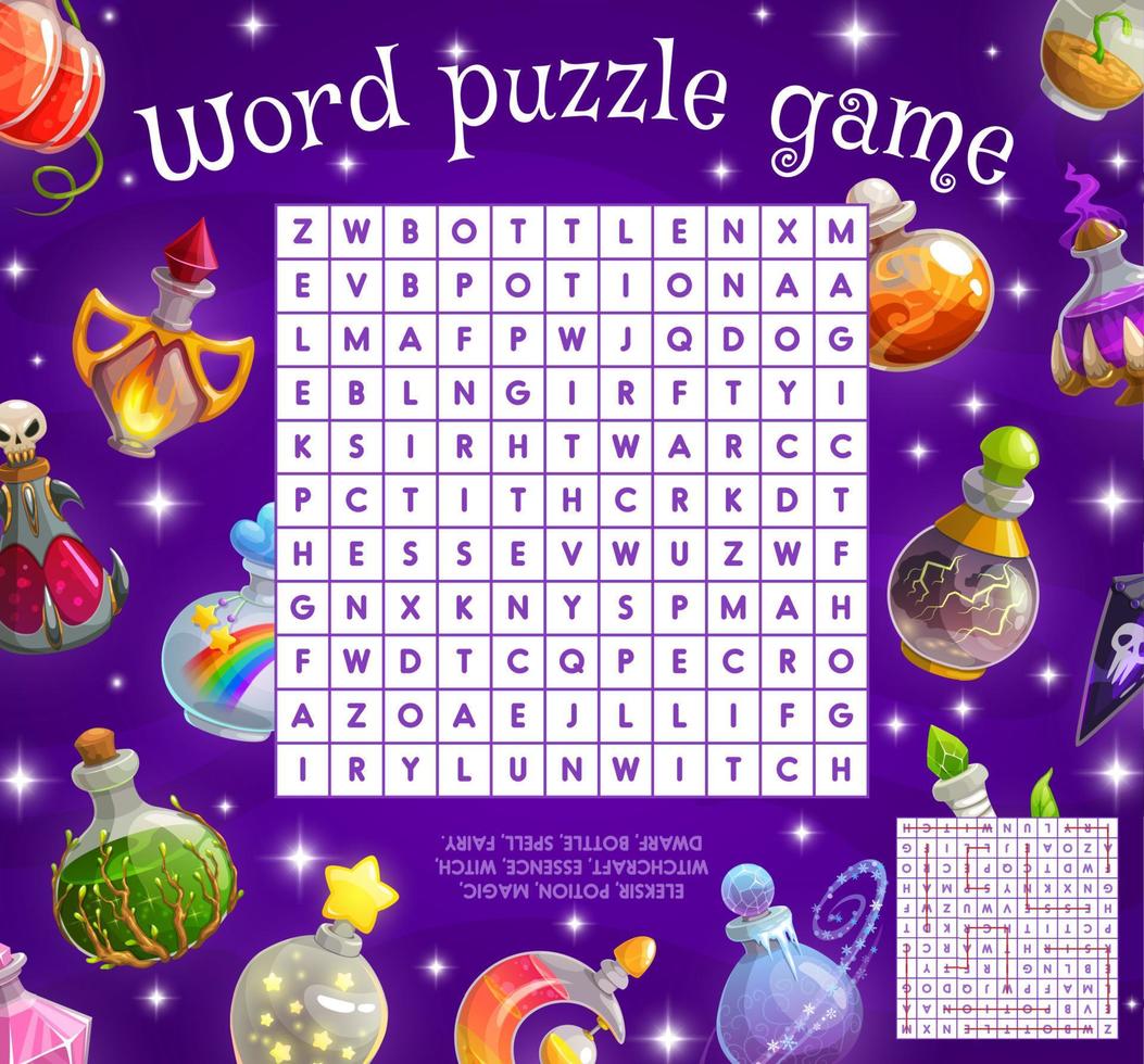 magie toverdrank flessen woord zoeken puzzel quiz spel vector