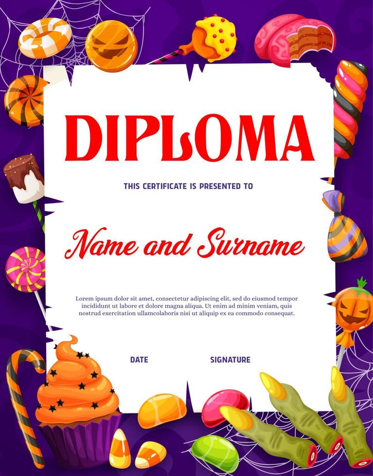 halloween kinderen diploma, vakantie snoepgoed, snoepjes vector