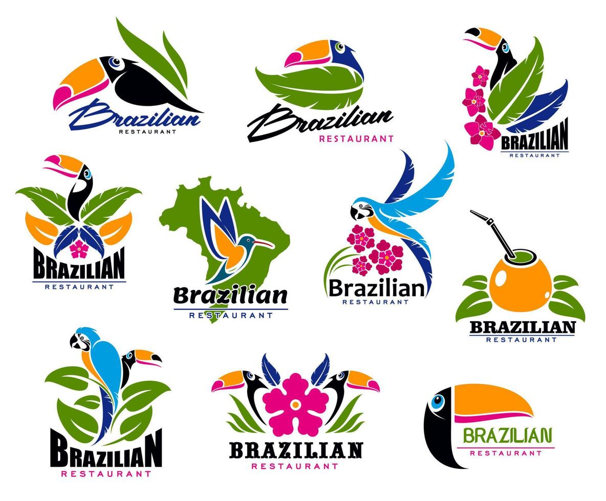 braziliaans keuken pictogrammen van toekans, papegaaien, palmen vector