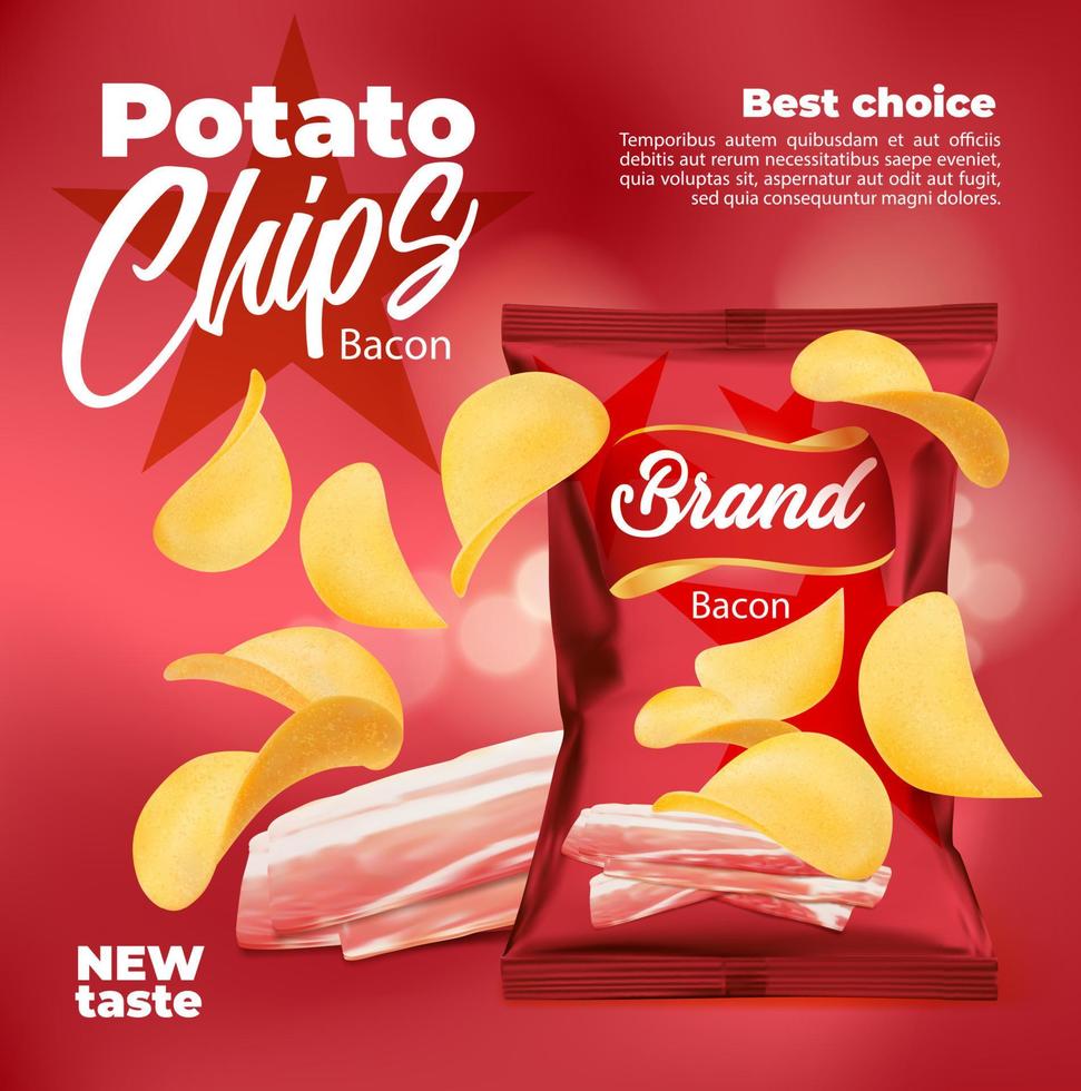 realistisch spek gearomatiseerd aardappel chips pakket vector