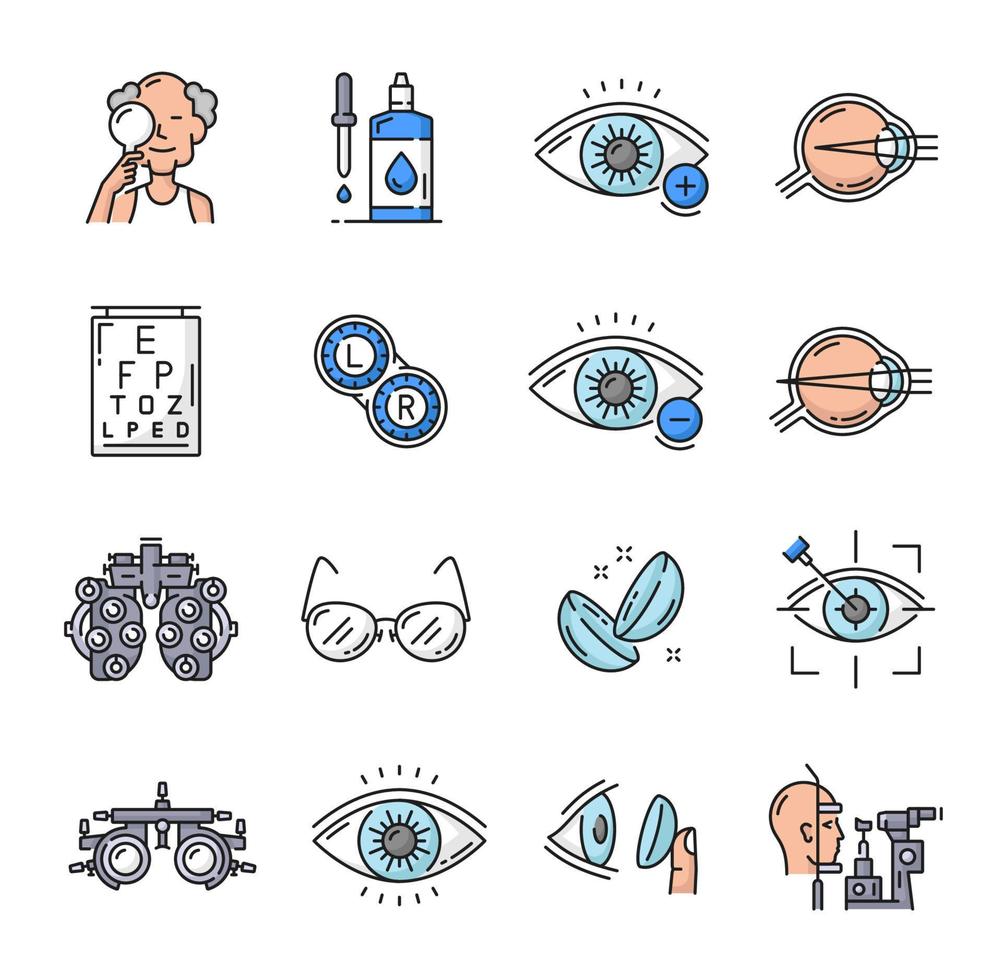 optometrie pictogrammen, oog laser chirurgie, oogheelkunde vector