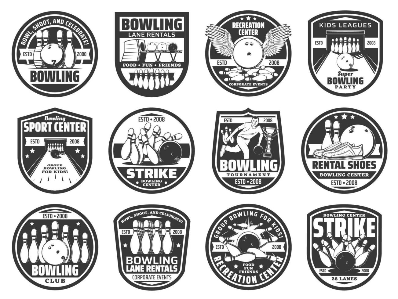 bowling club bal pictogrammen, team staking en pin spel vector