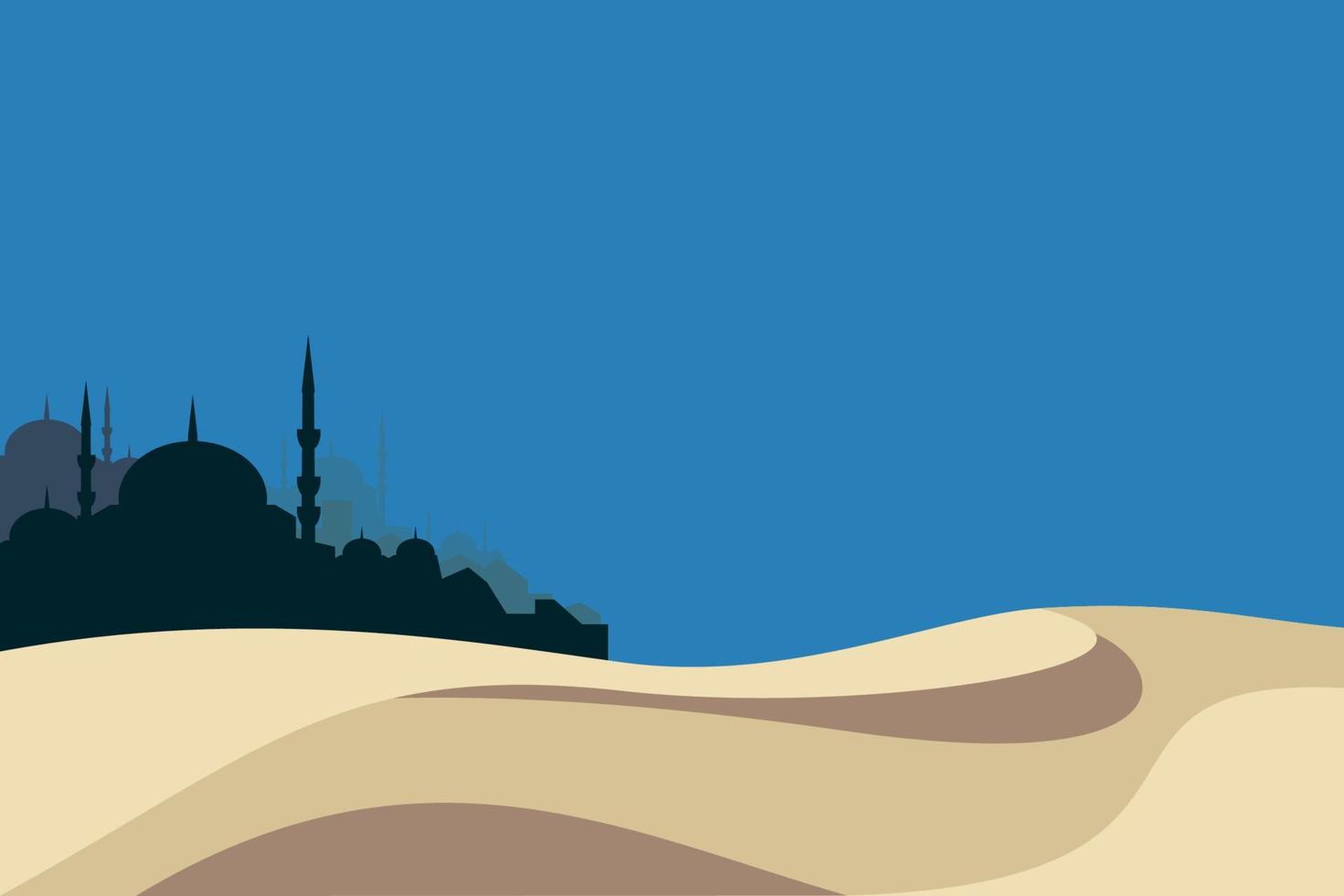 bewerkbare moskeeën silhouet Aan zand woestijn illustratie vector banier voor Ramadan of Islamitisch religieus momenten en Arabisch midden- oostelijk cultuur tekst achtergrond