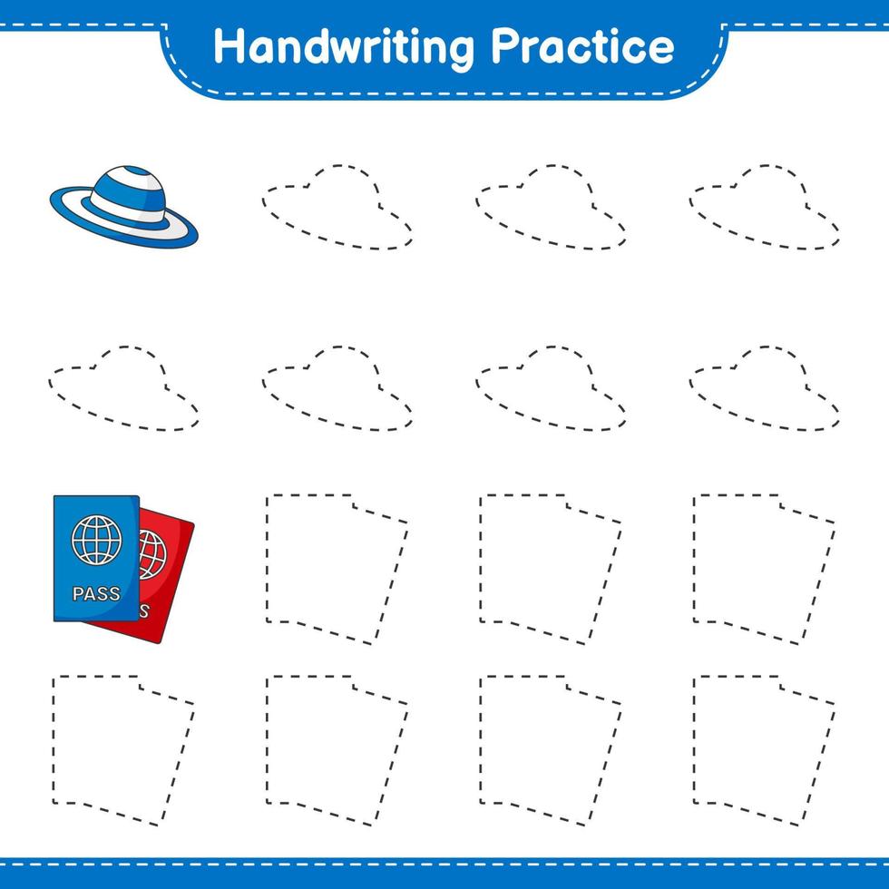 handschrift oefening. traceren lijnen van zomer hoed en paspoort. leerzaam kinderen spel, afdrukbare werkblad, vector illustratie