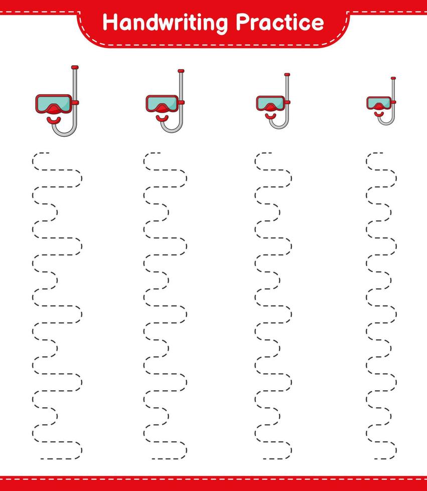 handschrift oefening. traceren lijnen van scuba duiken masker. leerzaam kinderen spel, afdrukbare werkblad, vector illustratie