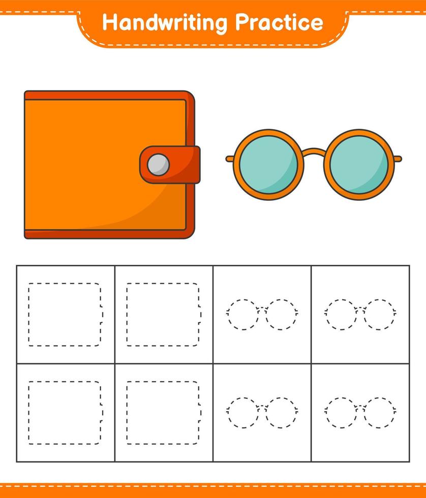 handschrift oefening. traceren lijnen van portemonnee en zonnebril. leerzaam kinderen spel, afdrukbare werkblad, vector illustratie