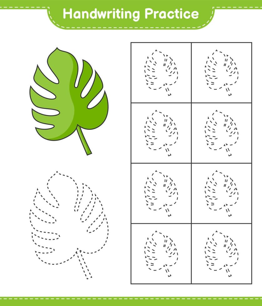 handschrift oefening. traceren lijnen van monstera. leerzaam kinderen spel, afdrukbare werkblad, vector illustratie