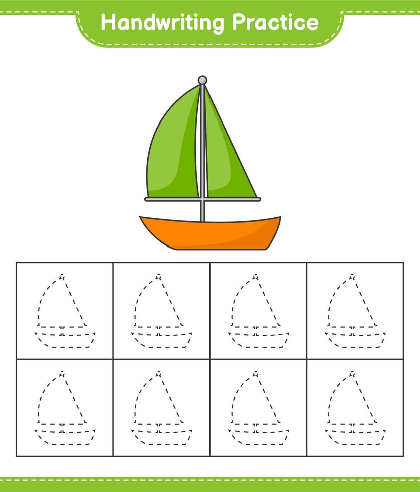 handschrift oefening. traceren lijnen van zeilboot. leerzaam kinderen spel, afdrukbare werkblad, vector illustratie