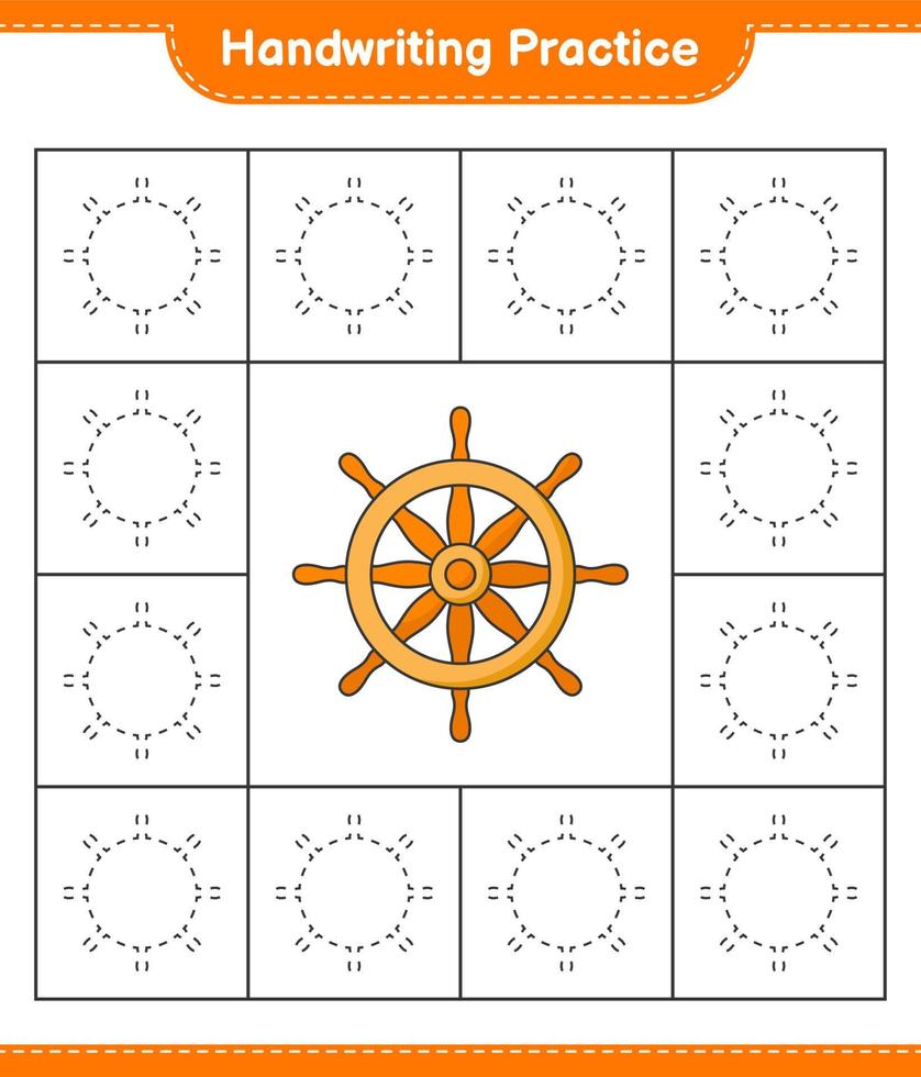 handschrift oefening. traceren lijnen van schip stuurinrichting wiel. leerzaam kinderen spel, afdrukbare werkblad, vector illustratie