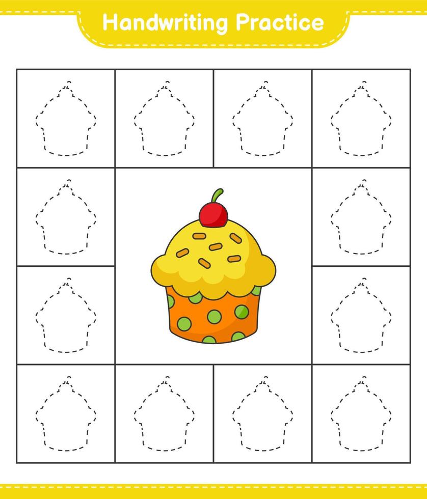 handschrift oefening. traceren lijnen van kop taart. leerzaam kinderen spel, afdrukbare werkblad, vector illustratie