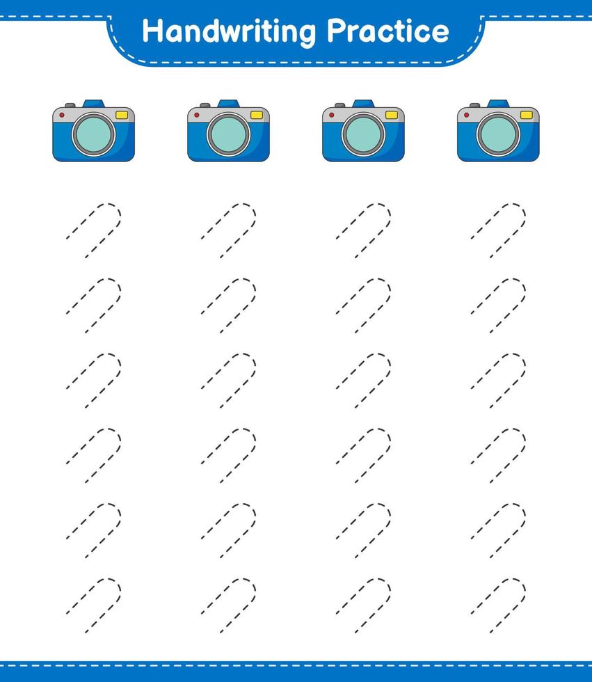 handschrift oefening. traceren lijnen van camera. leerzaam kinderen spel, afdrukbare werkblad, vector illustratie