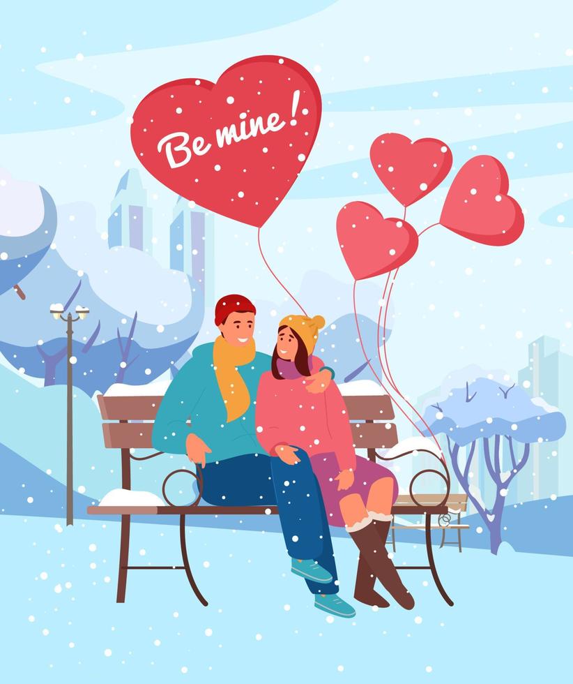 heilige Valentijnsdag dag groet kaart vector ontwerp. illustratie van paar in liefde zittend in winter park Aan besneeuwd bank met hart vormig ballonnen onder sneeuwval.