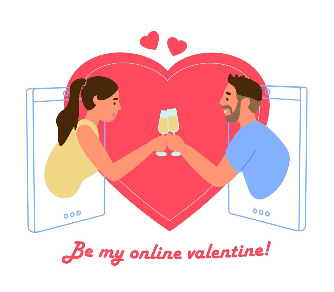 heilige Valentijnsdag dag groet kaart vector ontwerp. online dating concept. paar gerinkel bril van Champagne van smartphone schermen.