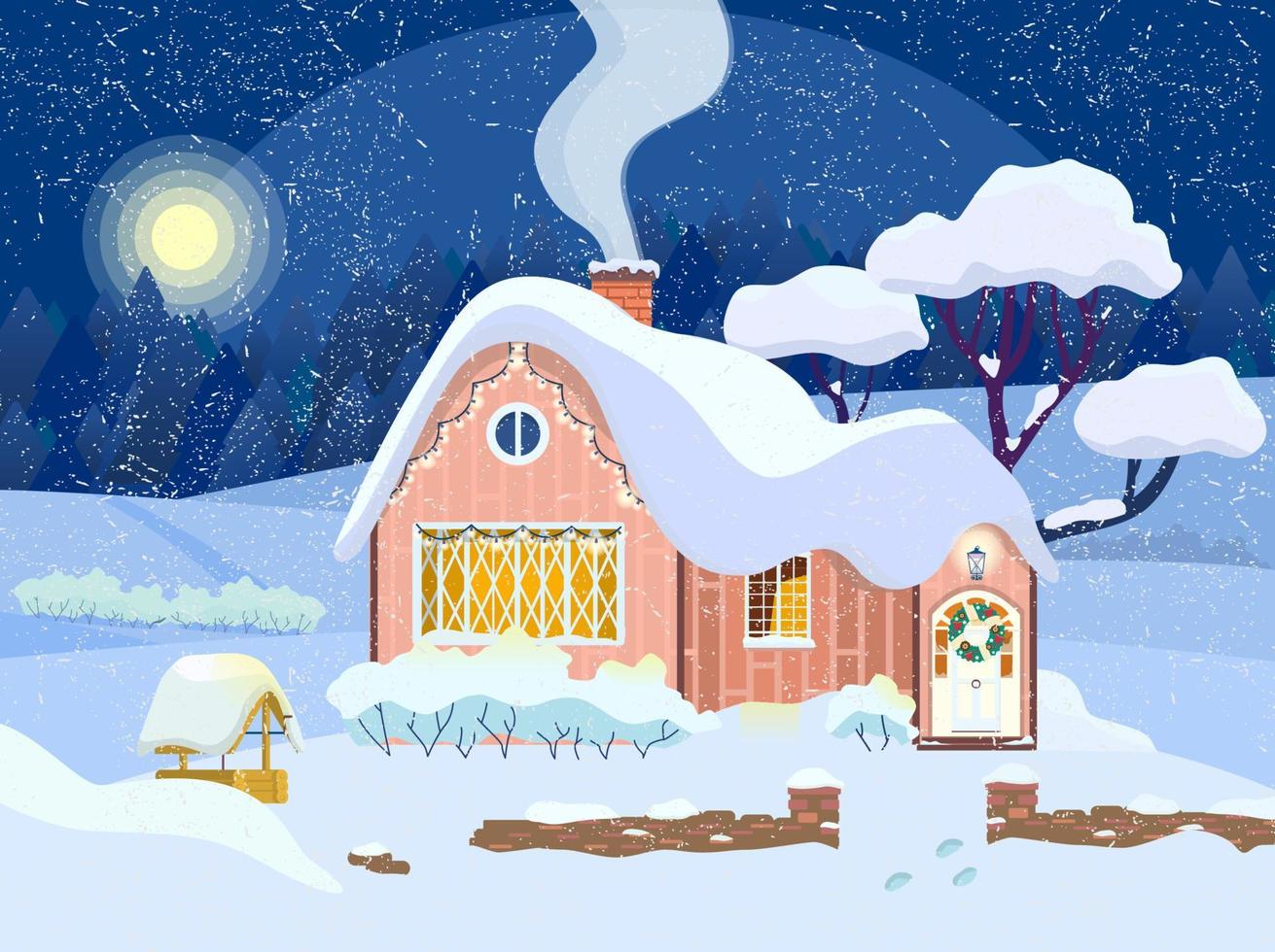 winter nacht landschap met knus huis versierd met Kerstmis krans en slingers. houten goed en steen haag in de buurt de huis. besneeuwd nacht met schoorsteen rook in de lucht. vector