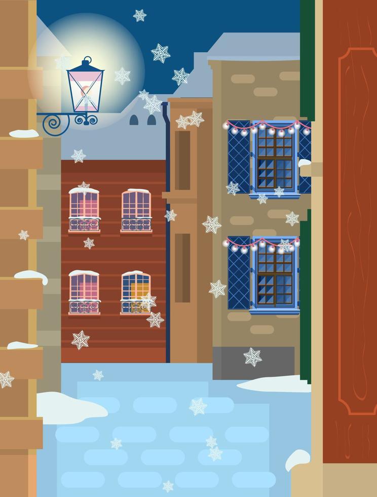 vector illustratie van winter stadsgezicht. Europese klein straat met divers huizen.