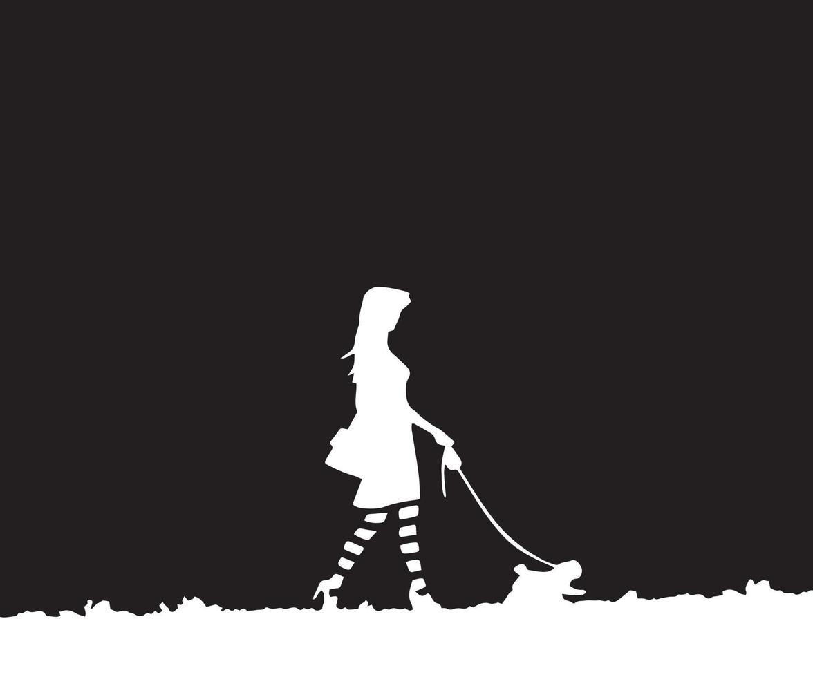 meisje wandelen haar hond silhouet vector