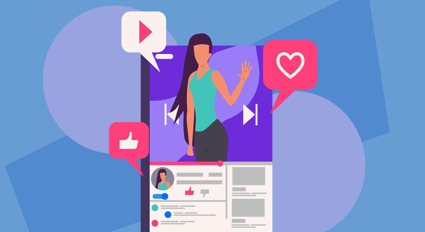 vrouw blogger vector illustratie communicatie internetten. online blog Aan smartphone concept sociaal mobiel netwerk. recensie Leuk vinden video inhoud leven streaming gebruiker. telefoon vlog stroom discussie toespraak