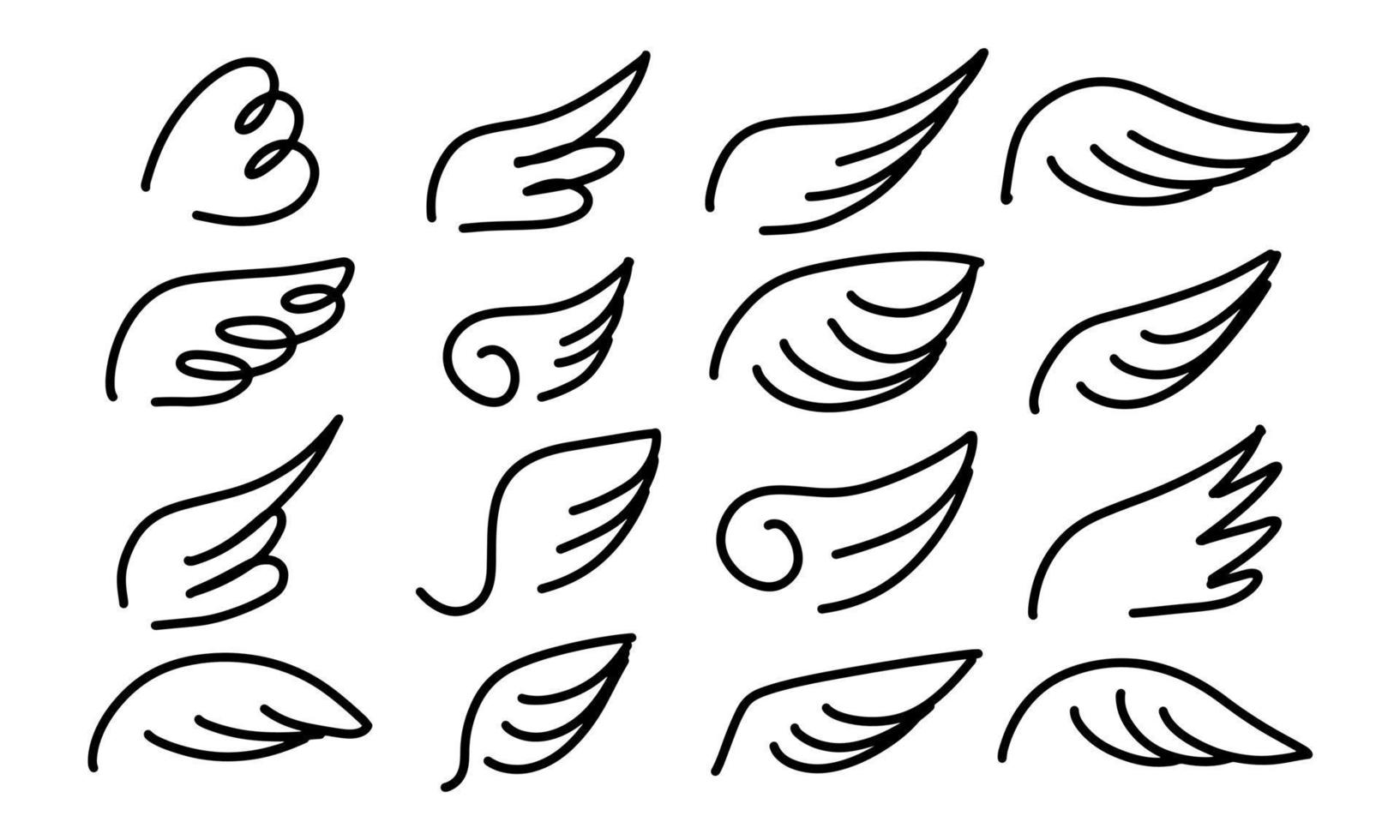 engel vleugel tekening logo en tekenfilm gemakkelijk icoon adelaar duif. minimalistische vlieg pictogram tatoeëren vector illustratie. element vrijheid symbool en geïsoleerd wit achtergrond set. silhouet vorm gevleugeld teken