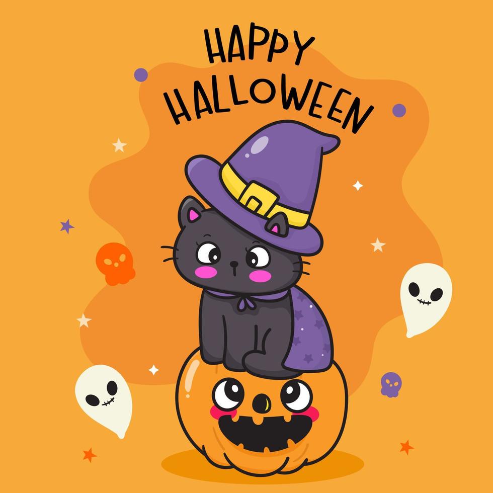 halloween kaart met pompoen en heks kat kawaii tekenfilm vector