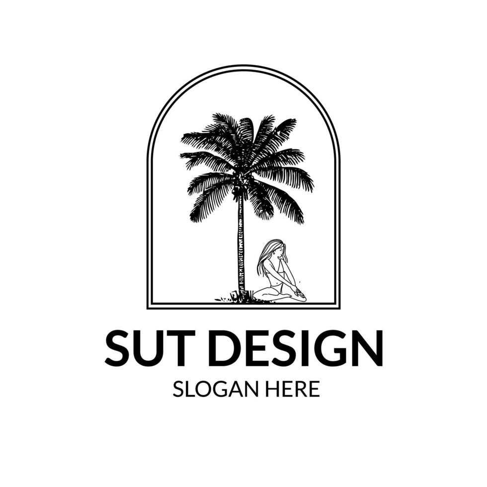 hawaiiaans logo, kokosnoot boom, vrouw silhouet, strand, bikini, palm, met een visie van de zon reeks vector