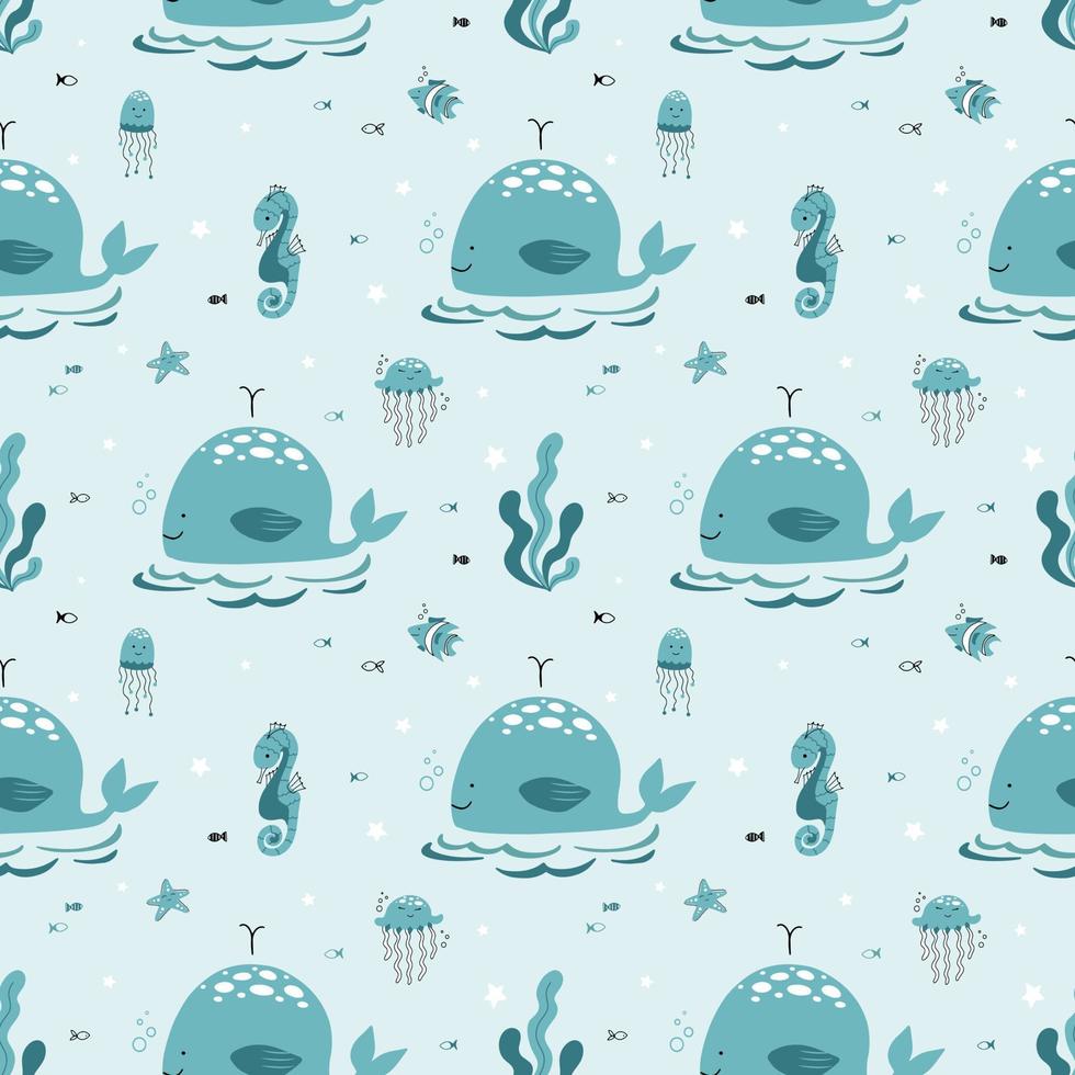 schattig naadloos patroon met een nautische thema. oceaan en zee leven achtergrond voor kleding stof en verpakking. vector illustratie voor kinderen.