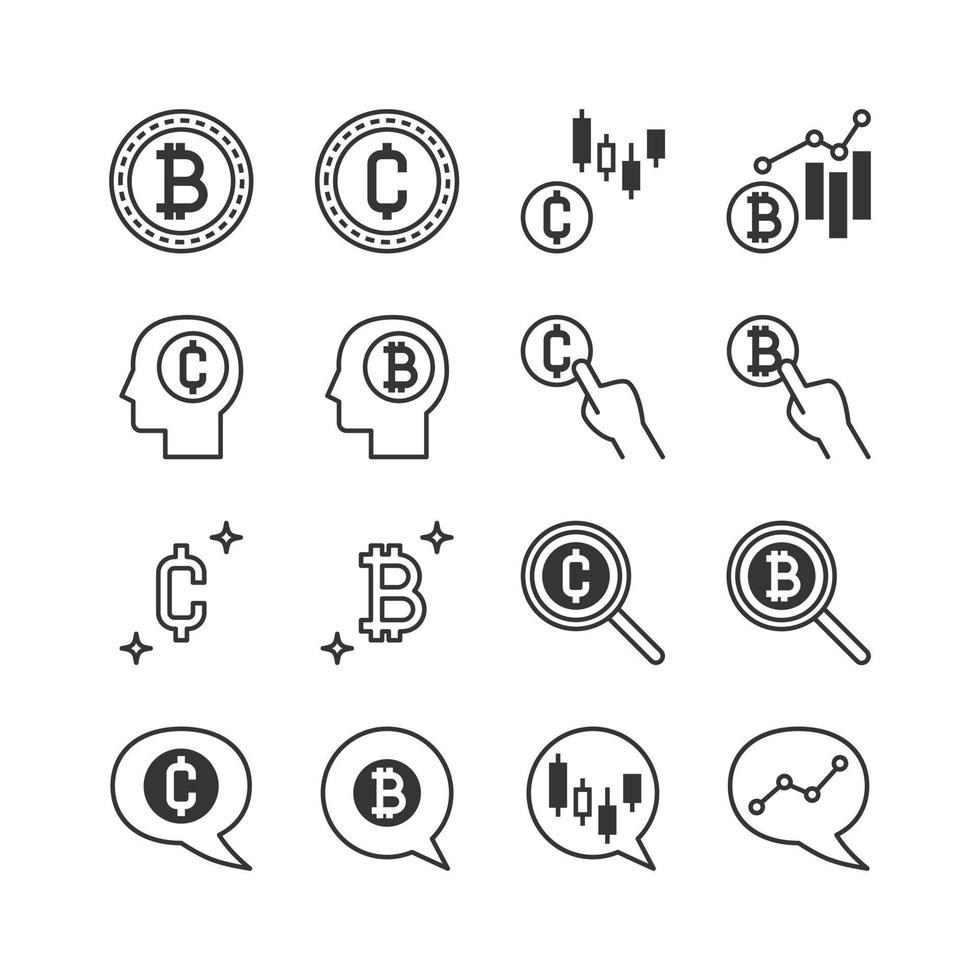 bitcoin lijn pictogrammen set. crypto valuta schets elementen verzameling. vector lijn pictogrammen