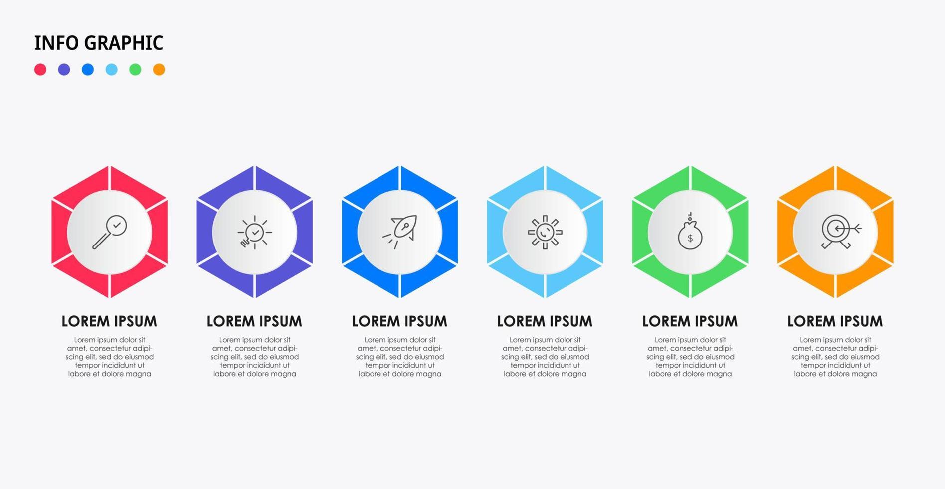 vector infographic zakelijke ontwerpsjabloon met pictogrammen en 6 opties of stappen. kan worden gebruikt voor procesdiagram, presentaties, workflowlay-out, banner, stroomschema, infografiek